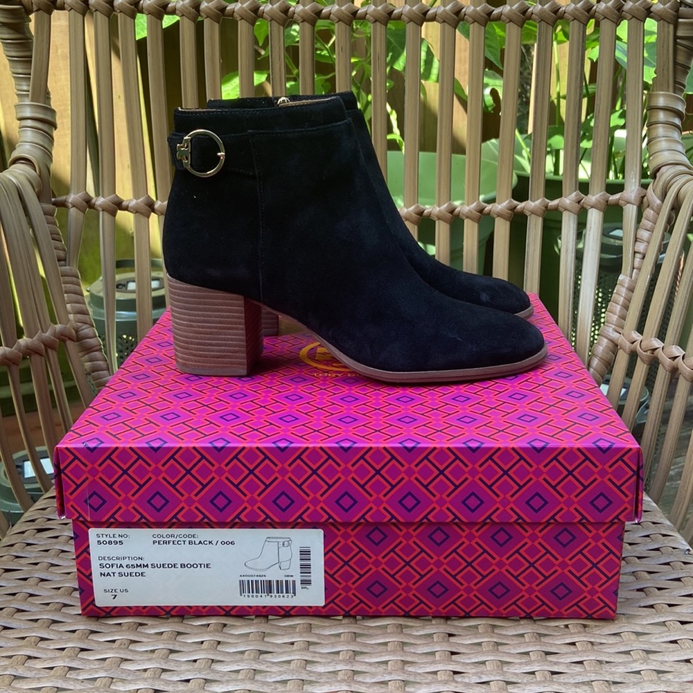 Brand New Tory Burch Sofia 65 MM Suede Bootie Black Size 7